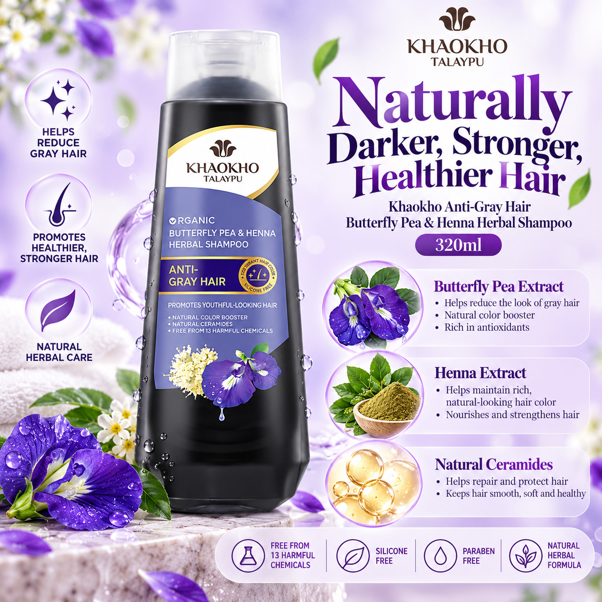 Khaokho - Anti Gray Hair Butterfly Pea & Henna Herbal Shampoo (320ml)