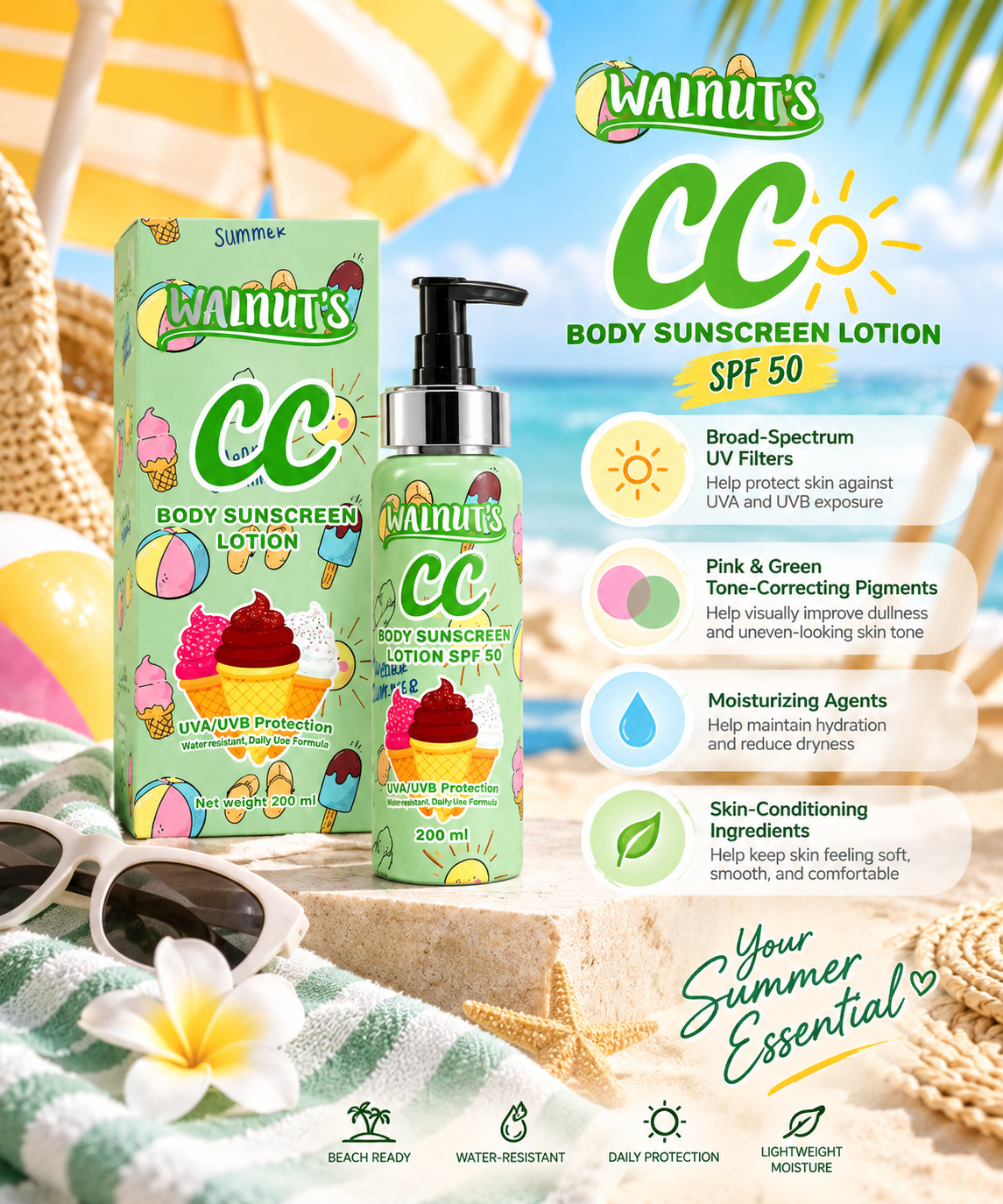 Walnut’s CC - Waterproof Brightening Body Lotion SPF50 Green (200ml)