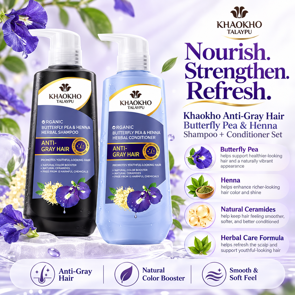 Khaokho - Anti Gray Hair Butterfly Pea Shampoo and Conditioner Set