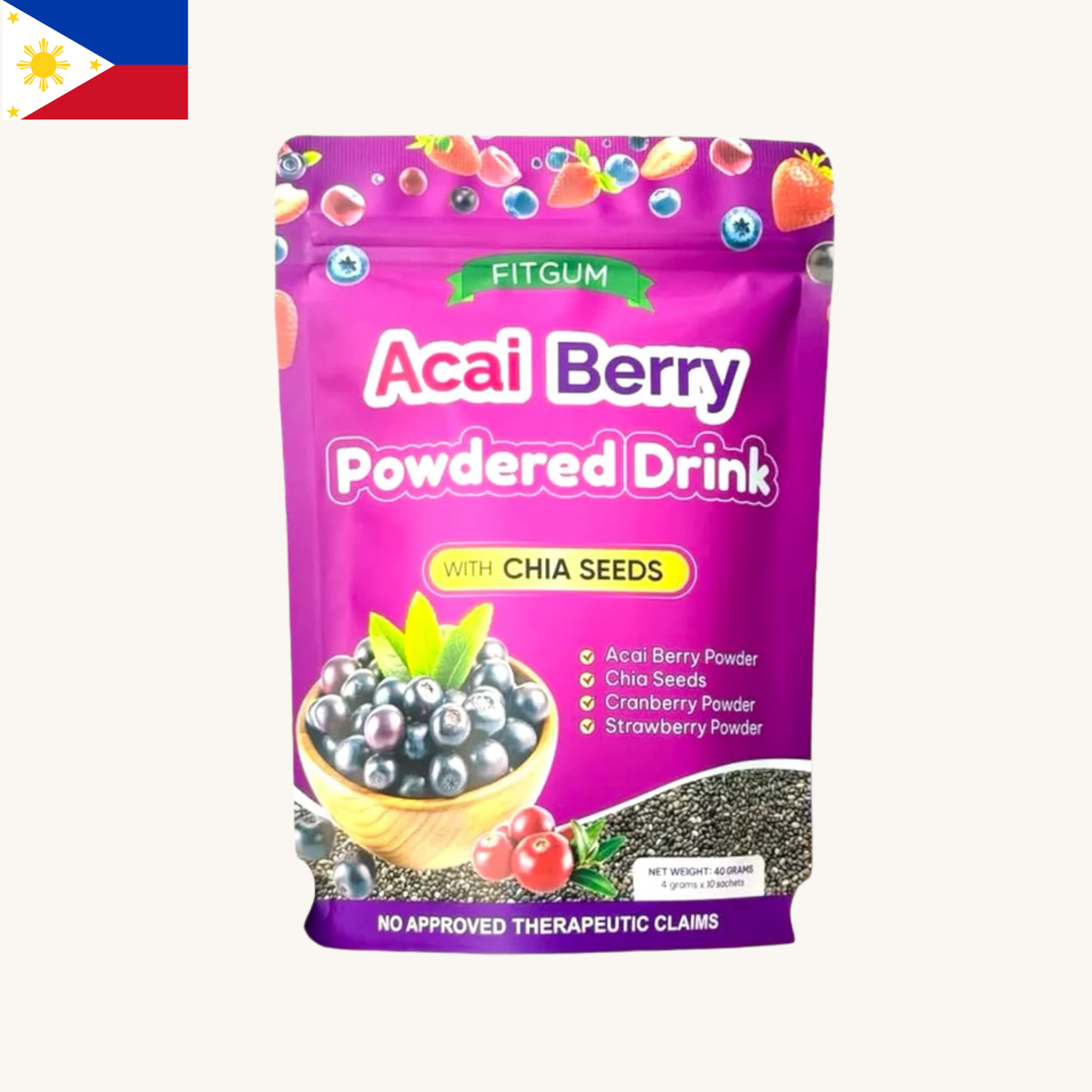 Fitgum - Acai Berry Powdered Drink with Chia Seeds  (10 x 4g)