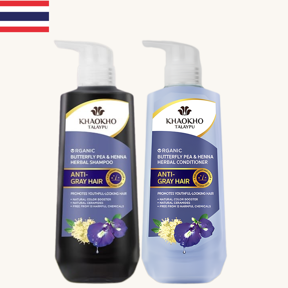 Khaokho - Anti Gray Hair Butterfly Pea Shampoo and Conditioner Set